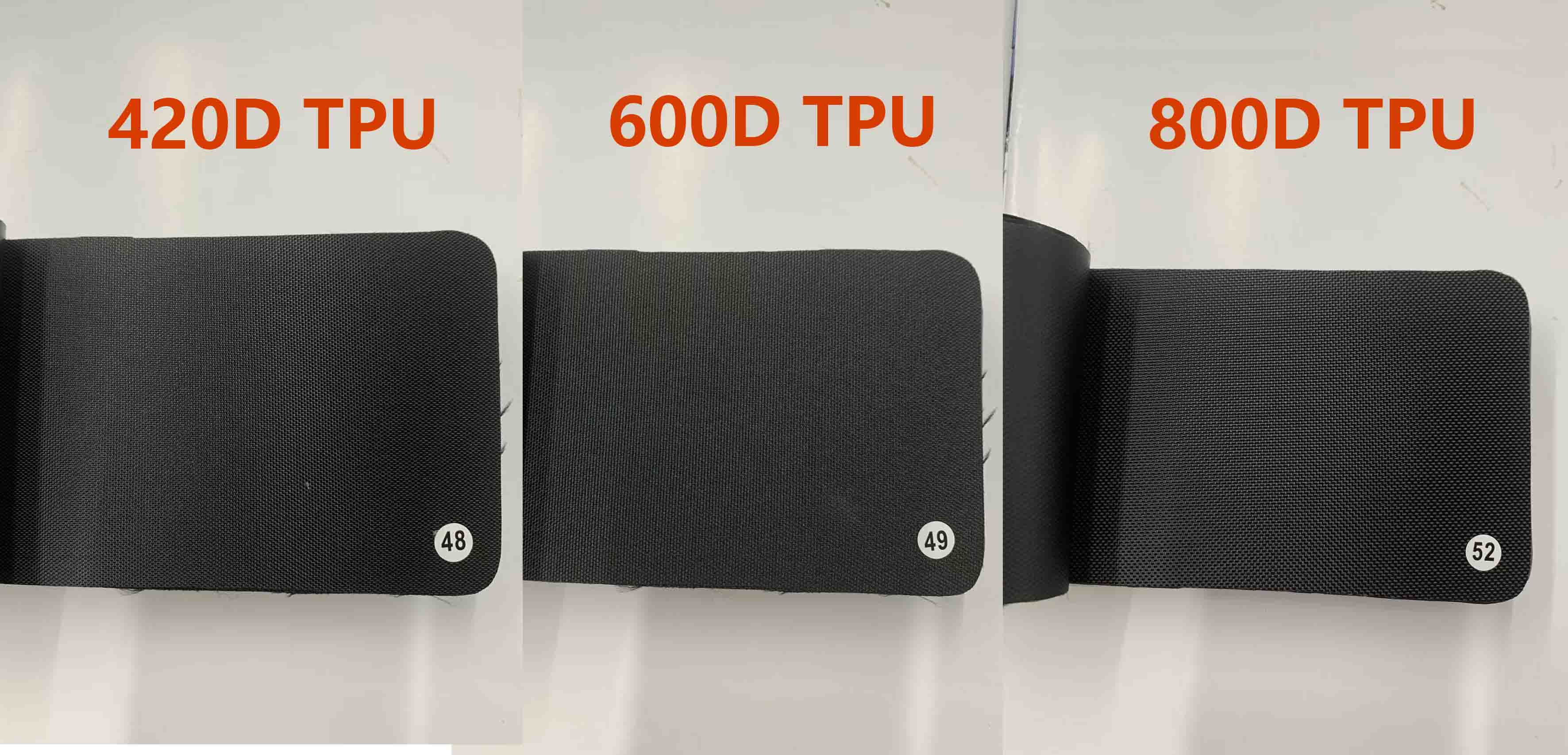Cooler bag shell fabric swatches in 420D, 600D and 840D