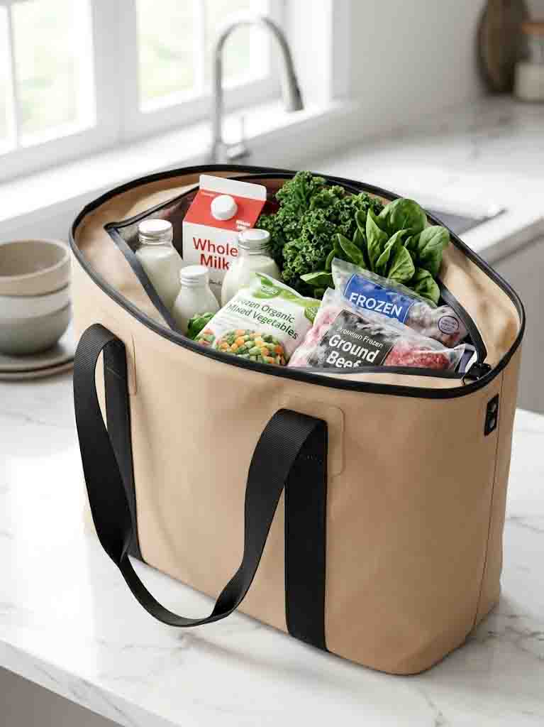 Sealock soft cooler tote bag for grocery shopping packed with cold groceries