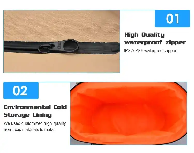 Sealock SL-C529 cooler tote bag waterproof zipper and food-safe PEVA lining detail