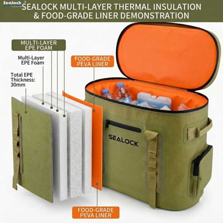 insulated tote cooler bag multi-layer EPE foam wall and reinforced handle cutaway