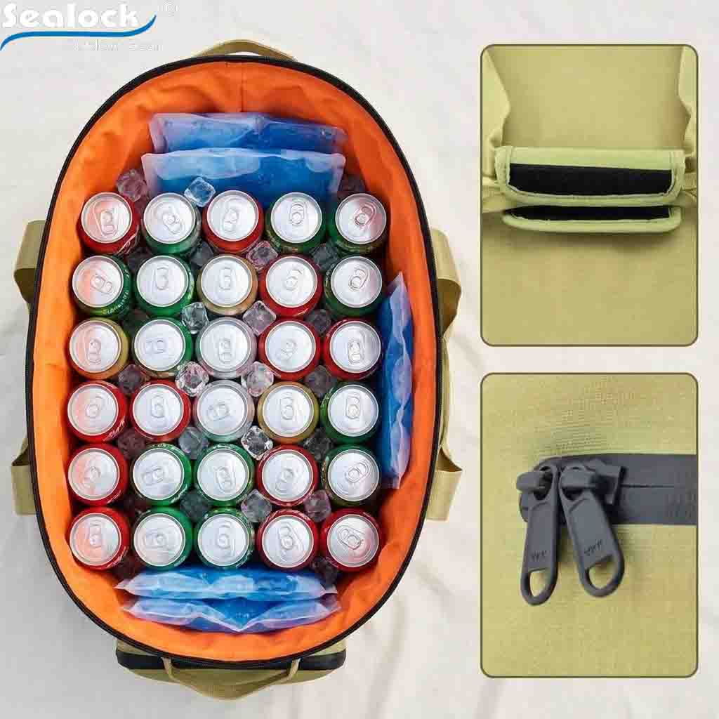 insulated tote cooler bag holding 30 cans with ice, capacity demonstration