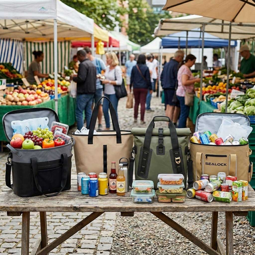 insulated tote bags lined up at an outdoor event stall with food and drinks
