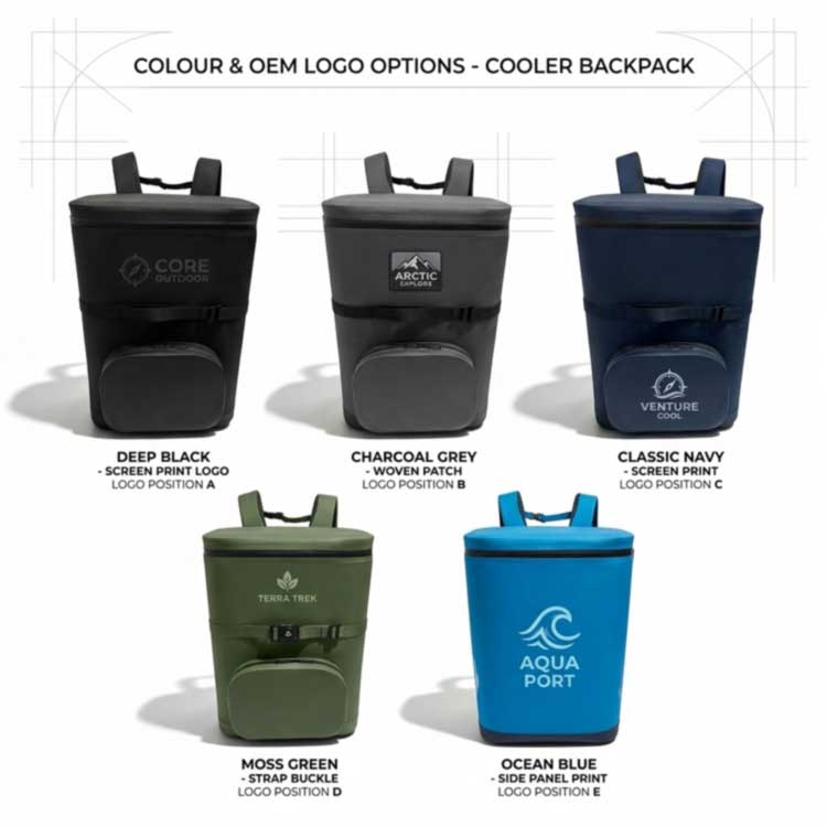 OEM travel cooler backpacks in six colors with luggage pass-through and insulation upgrade tiers