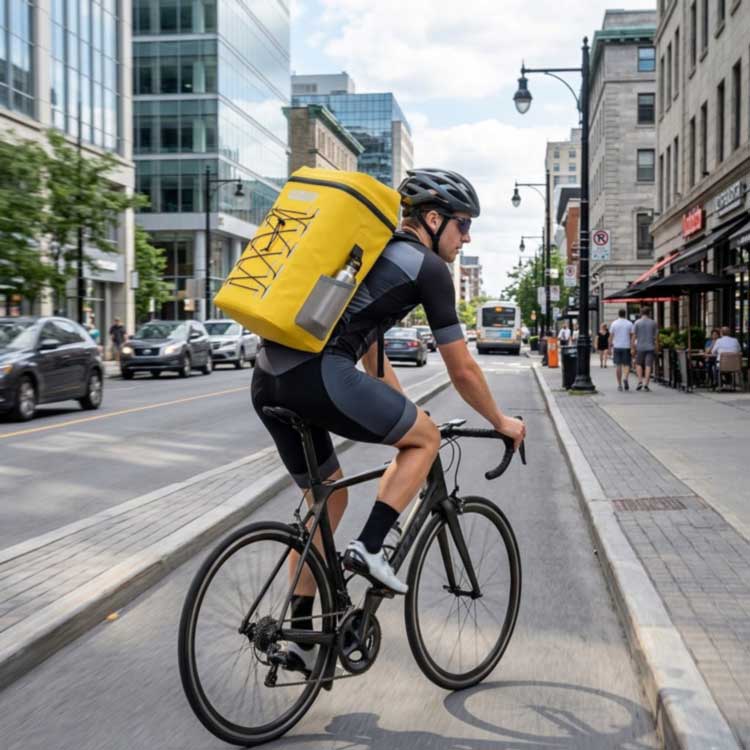 lightweight cooler backpack worn while cycling in city traffic, low-profile fit