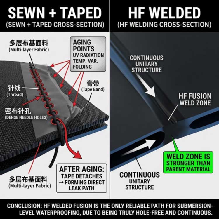 cross-section comparison of a stitched-and-taped seam versus an HF-welded seam-free join on a waterproof cooler