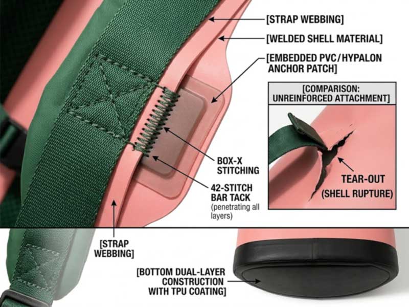 cross-section of a heavy-duty cooler backpack strap anchor with internal reinforcement layer and box-X bar-tack through shell cross-section of a heavy-duty cooler backpack strap anchor with internal reinforcement layer and box-X bar-tack through shell