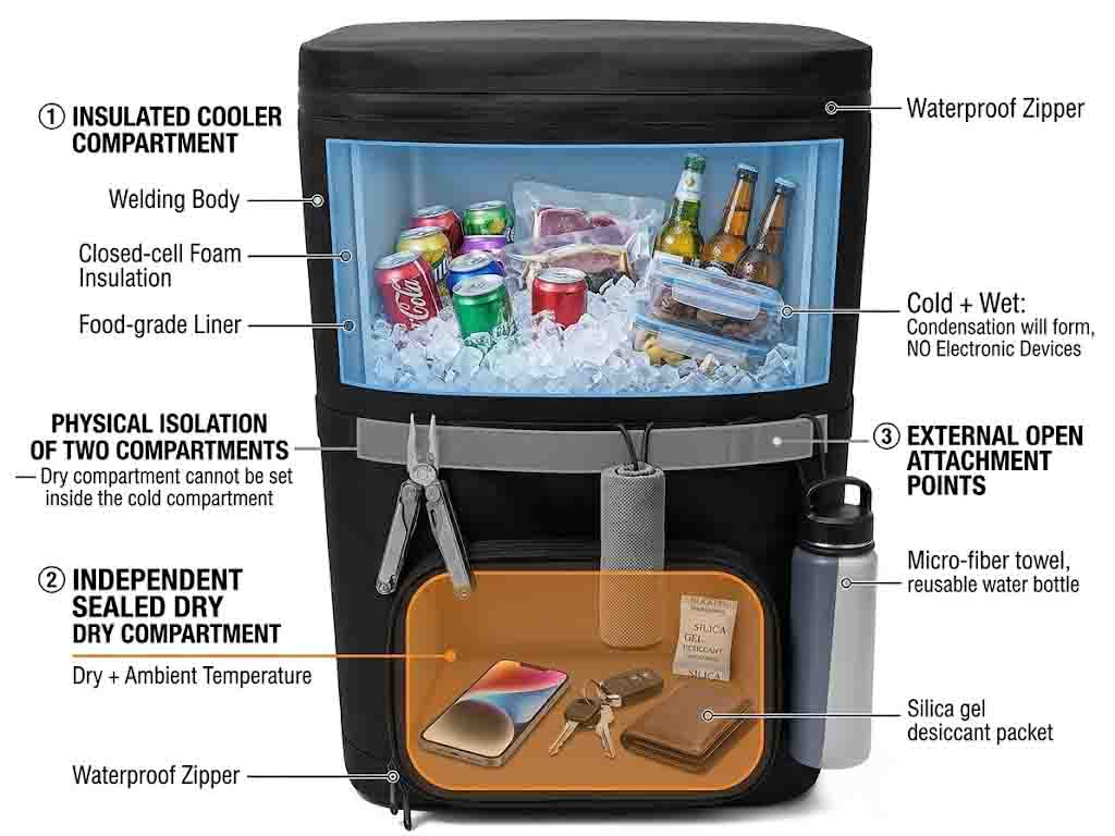 dual-compartment boating cooler backpack with insulated cold chamber separated from a sealed dry pocket dual-compartment boating cooler backpack with insulated cold chamber separated from a sealed dry pocket