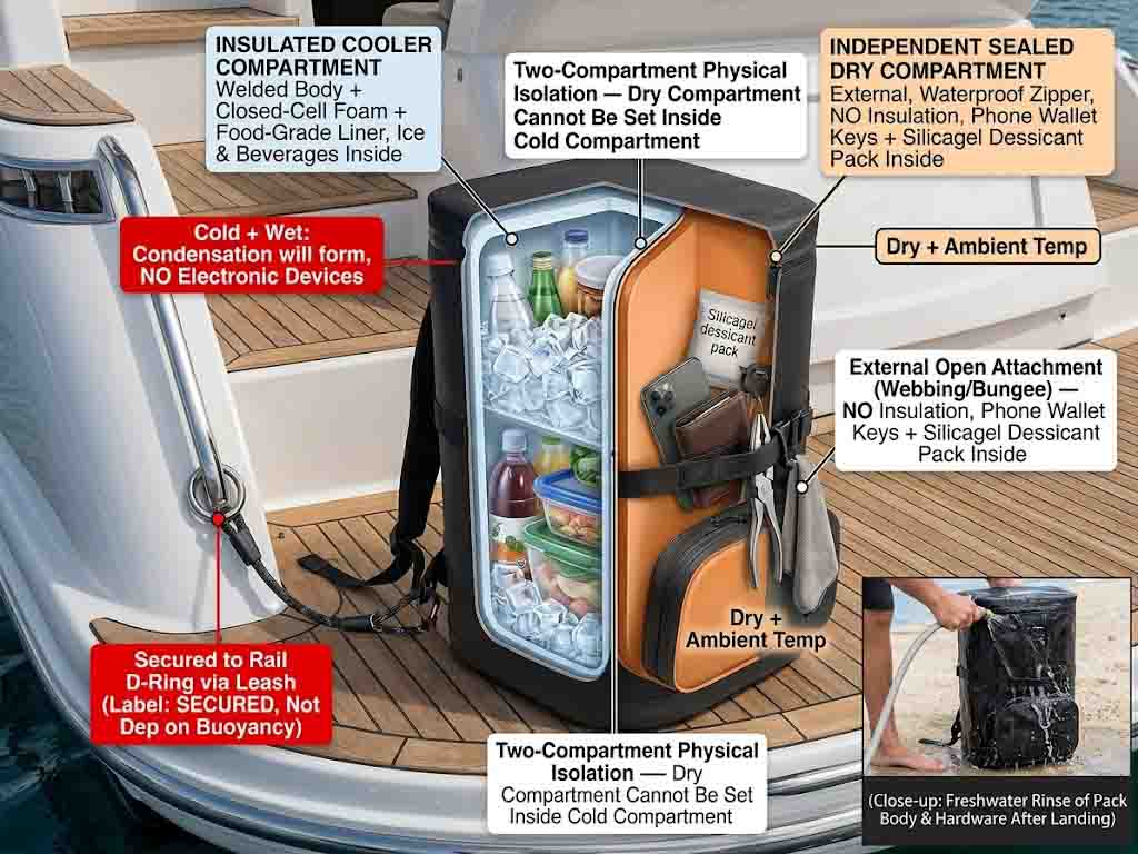 boating cooler backpack lashed on deck with dry pocket holding phone and keys and cold chamber holding drinks boating cooler backpack lashed on deck with dry pocket holding phone and keys and cold chamber holding drinks