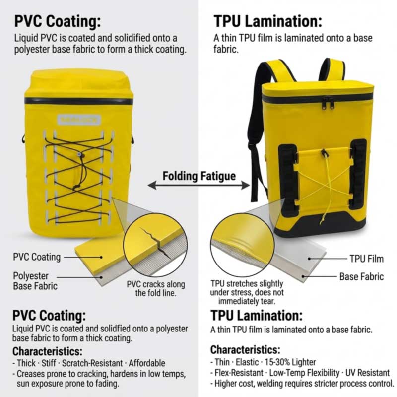 cross-section comparison of PVC coated fabric and TPU laminated fabric for cooler backpack shells cross-section comparison of PVC coated fabric and TPU laminated fabric for cooler backpack shells