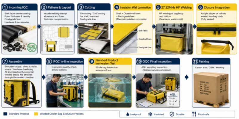 step by step production flow of a welded soft cooler backpack from material inspection to packing step by step production flow of a welded soft cooler backpack from material inspection to packing