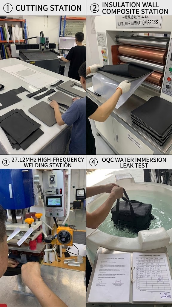 cooler backpack factory floor: cutting, insulated wall lamination, 27.12 MHz welding and finished-bag immersion testing cooler backpack factory floor: cutting, insulated wall lamination, 27.12 MHz welding and finished-bag immersion testing