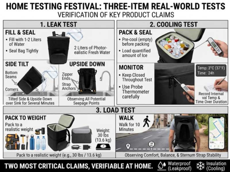 three at-home tests for a soft cooler backpack: leak test, ice retention test and loaded carry test