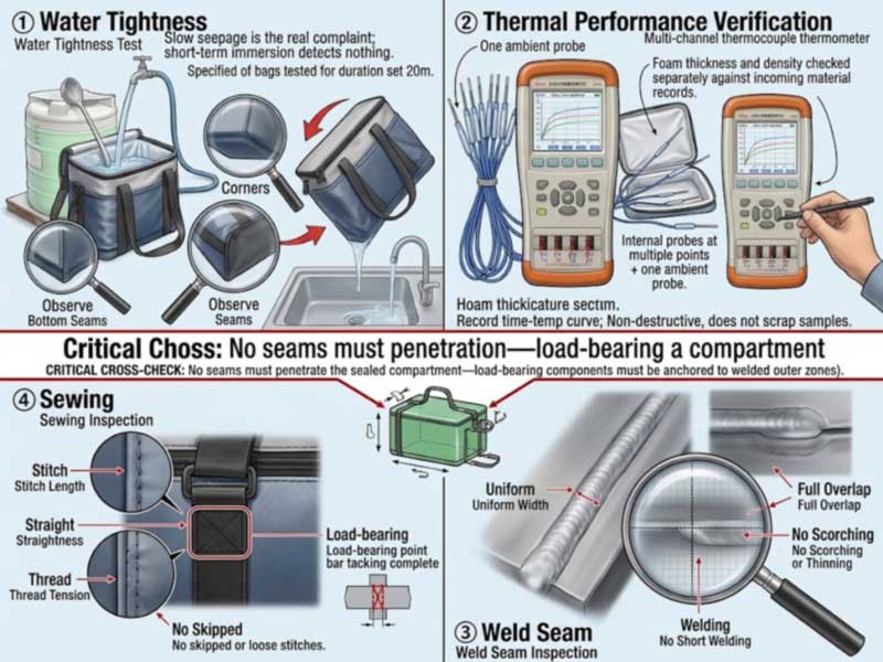 cooler-specific pre-shipment inspection scope covering water test, multi-channel temperature testing, weld inspection and stitch inspection