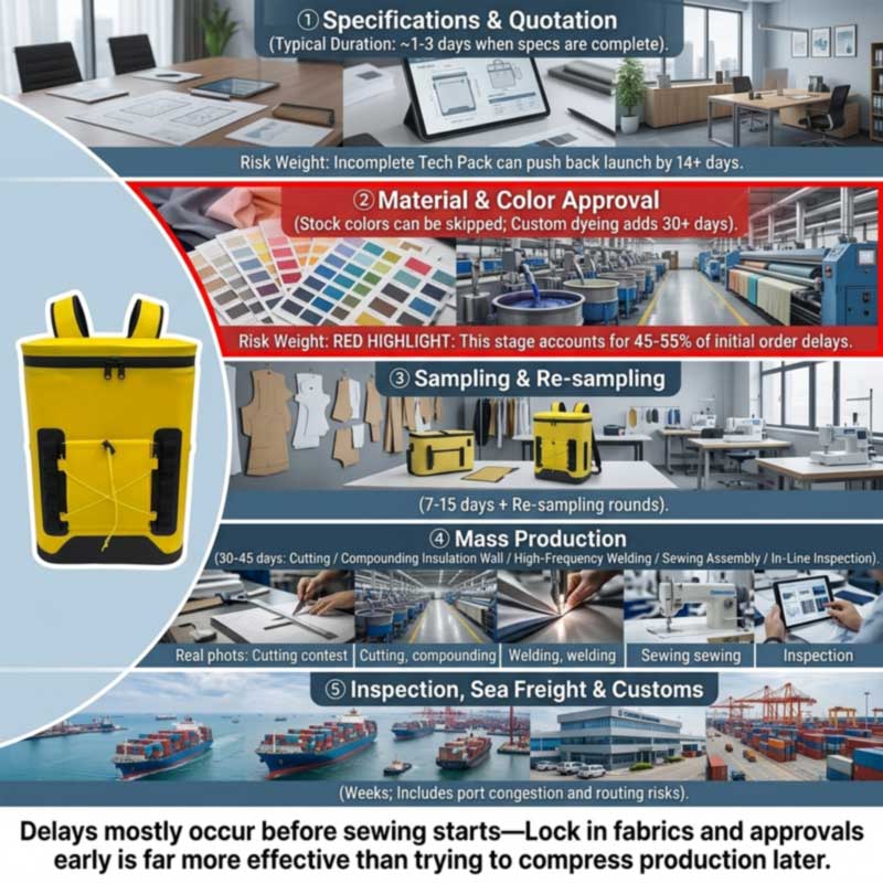 full soft cooler lead time breakdown from specification and material approval through production, inspection and freight