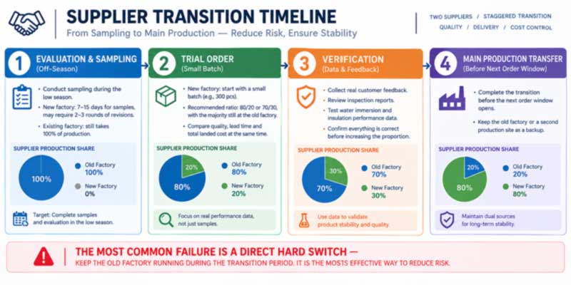 phased parallel-running timeline for switching cooler bag suppliers from evaluation to trial order to full transfer