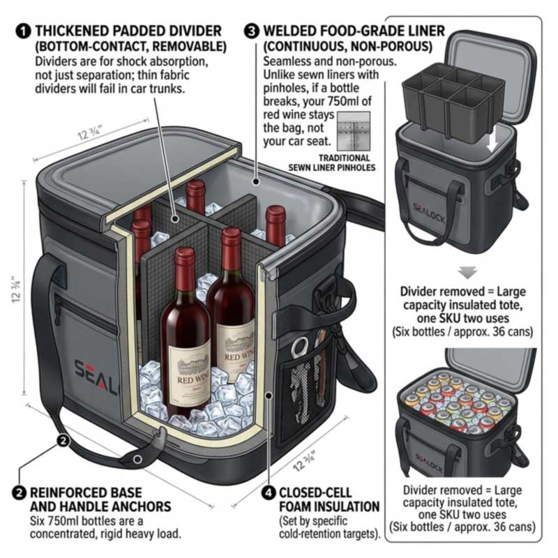 engineering of an insulated wine carrier: padded removable dividers, reinforced base and welded food-grade liner engineering of an insulated wine carrier: padded removable dividers, reinforced base and welded food-grade liner