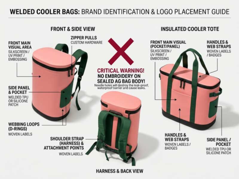 logo placement and branding methods on custom cooler bags: screen print, welded patch, deboss, woven label