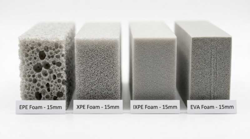 cut sections of EPE, XPE, IXPE and EVA foam showing cell size differences