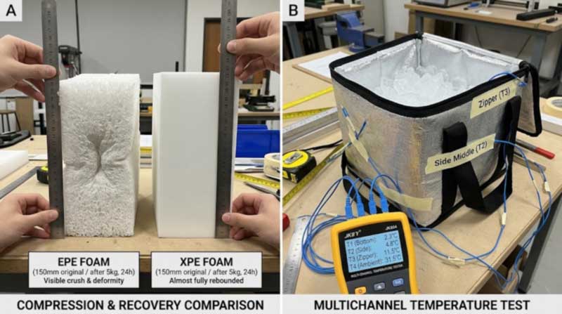compression recovery of EPE vs XPE foam and multi-channel thermocouple cold-hold test on a soft cooler