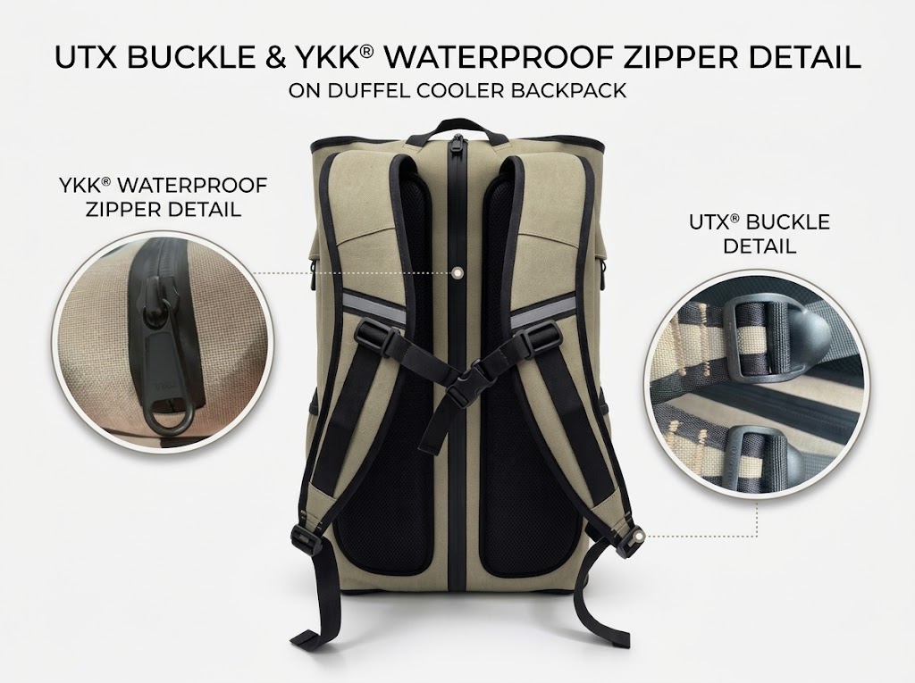 UTX buckle and YKK side zipper detail on duffel cooler backpack UTX buckle and YKK side zipper detail on duffel cooler backpack