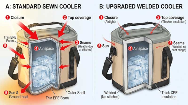 where a soft cooler loses cold: closure, top insulation, seams, air space and sun where a soft cooler loses cold: closure, top insulation, seams, air space and sun