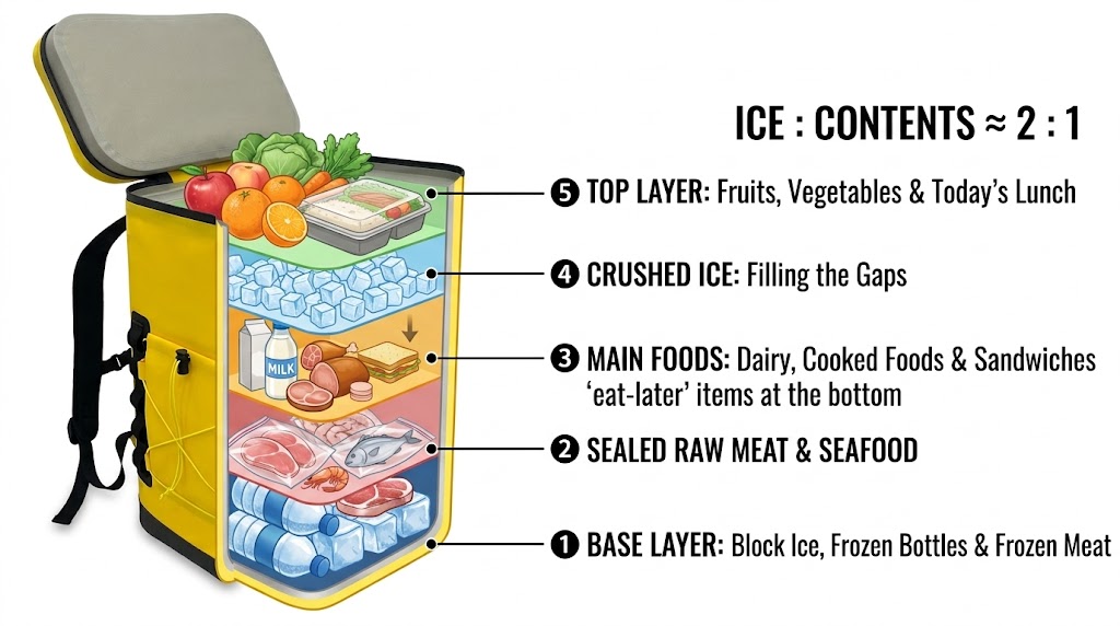 how to pack a cooler in layers: block ice, raw meat, main food, cubed ice and fragile items on top how to pack a cooler in layers: block ice, raw meat, main food, cubed ice and fragile items on top