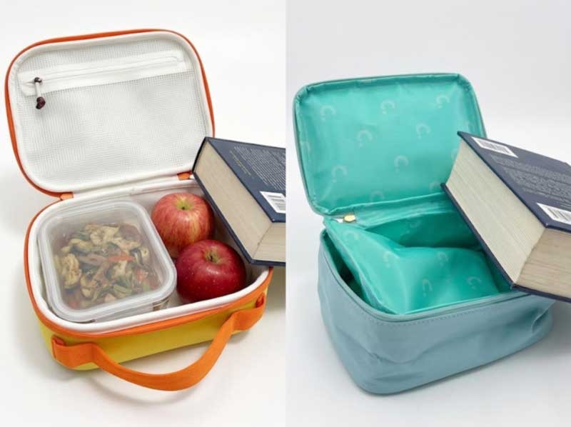 molded EVA hard-shell lunch box opened flat next to a soft insulated lunch bag molded EVA hard-shell lunch box opened flat next to a soft insulated lunch bag
