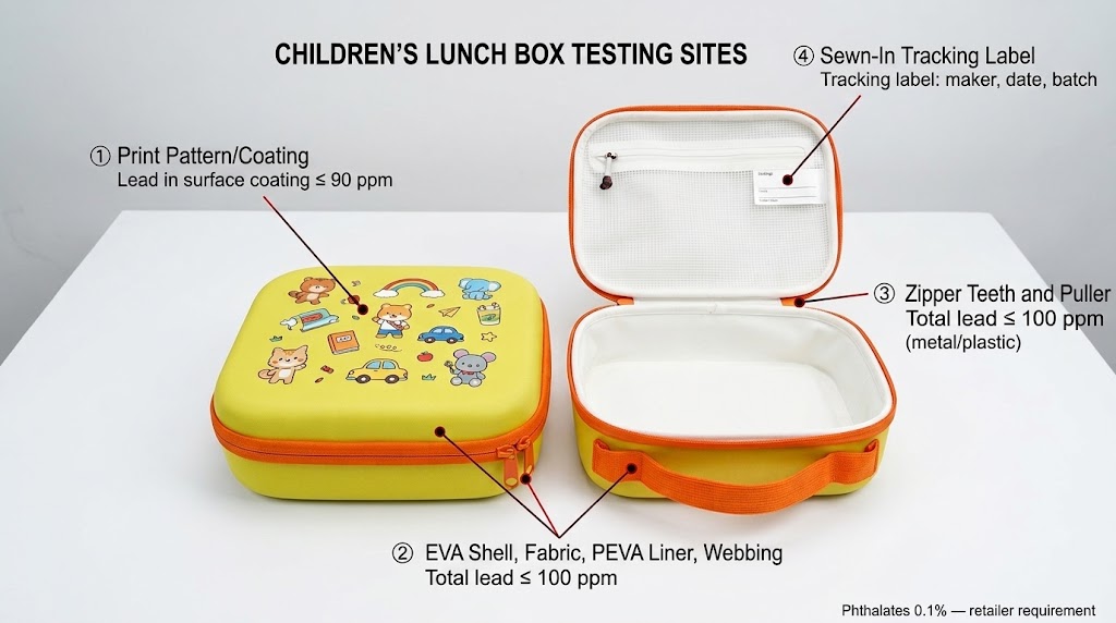 CPSIA test points on a children's lunch box: surface coating, substrates, zipper and tracking label CPSIA test points on a children's lunch box: surface coating, substrates, zipper and tracking label